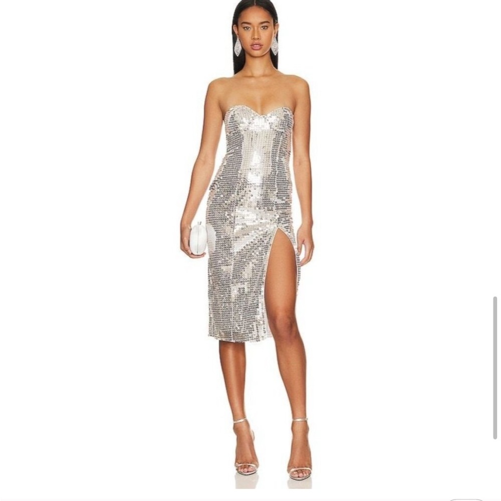 MAJORELLE Jovanna Embellished Midi Dress in Silver Small